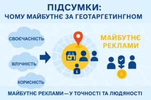 Інфографіка «Підсумки: чому майбутнє за геотаргетингом». Зліва показані три хмарки з написами «Своєчасність», «Влучність», «Корисність». Вони спрямовані стрілкою до центрального кола з маркером геолокації та піктограмами людей і магазину. Праворуч — текст «Майбутнє реклами». Унизу напис: «Майбутнє реклами — у точності та людяності».