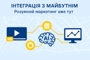 Інфографіка «Інтеграція з майбутнім». У центрі зображено символ штучного інтелекту (мозок з написом AI), з якого виходять лінії до піктограм відеореклами, опитувань із бонусами, аналітики та маркетингових інструментів. На фоні — карта міста у світлих тонах.