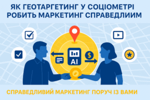 Інфографіка «Як геотаргетинг у Соціометрі робить маркетинг справедливим». На фоні карти зображено двох людей, які обмінюються даними й винагородою через центральну зону геотаргетингу. Усередині — іконки AI, графік, монета та стрілки. Навколо — піктограми опитувань, відео, відгуків і тестів.
