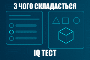 Ілюстрація з текстовим та графічним блоками питань, що демонструють варіанти відповідей для IQ-тесту, із заголовком «З чого складається IQ тест» на синьому технологічному фоні.