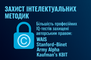 Інфографіка про захист інтелектуальних методик з піктограмою замка та переліком професійних IQ-тестів, що охороняються авторським правом.
