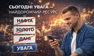 Чоловік дивиться на смартфон на фоні фінансових графіків і табличок з перекресленими ресурсами «нафта», «золото», «дані» та виділеною «увагою» як найціннішим ресурсом.