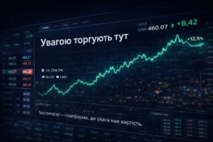 Футуристичний біржовий інтерфейс із графіком зростання та написом «Увагою торгують тут», що ілюструє концепцію економіки уваги Sociometer.