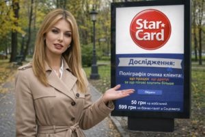 Жінка в Маріїнському парку Києва показує лайтбокс StarCard з галузевим опитуванням поліграфії для друкарень і рекламних агентств